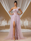 Charming Lavender Quartz Crystal Embroidered Mermaid Evening Gown with One-Shoulder Illusion Design and Layered Tulle Skirt