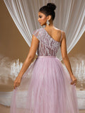 Charming Lavender Quartz Crystal Embroidered Mermaid Evening Gown with One-Shoulder Illusion Design and Layered Tulle Skirt