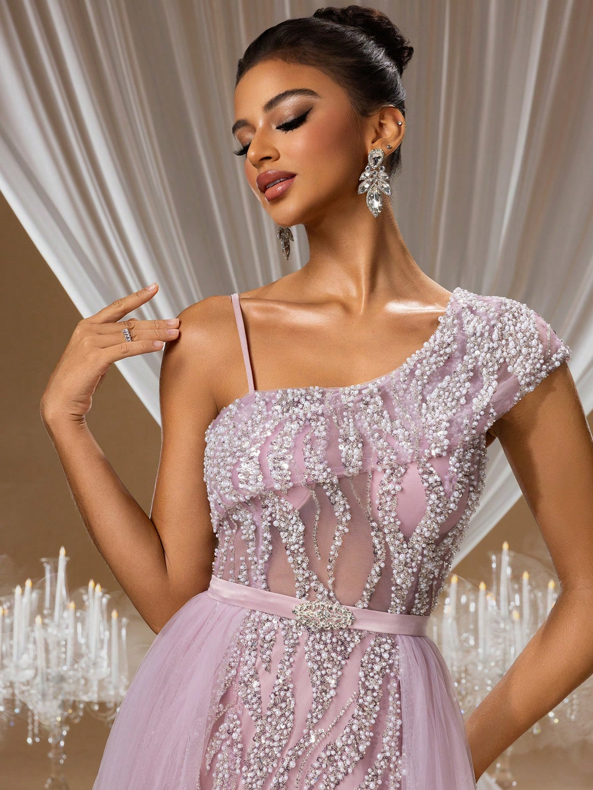 Charming Lavender Quartz Crystal Embroidered Mermaid Evening Gown with One-Shoulder Illusion Design and Layered Tulle Skirt