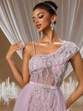Charming Lavender Quartz Crystal Embroidered Mermaid Evening Gown with One-Shoulder Illusion Design and Layered Tulle Skirt