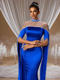 Glamorous Royal Blue Evening Gown with Beaded Cape, Elegant Satin Ball Gown for Grand Galas, Red Carpet and Formal Occasions