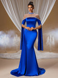 Glamorous Royal Blue Evening Gown with Beaded Cape, Elegant Satin Ball Gown for Grand Galas, Red Carpet and Formal Occasions