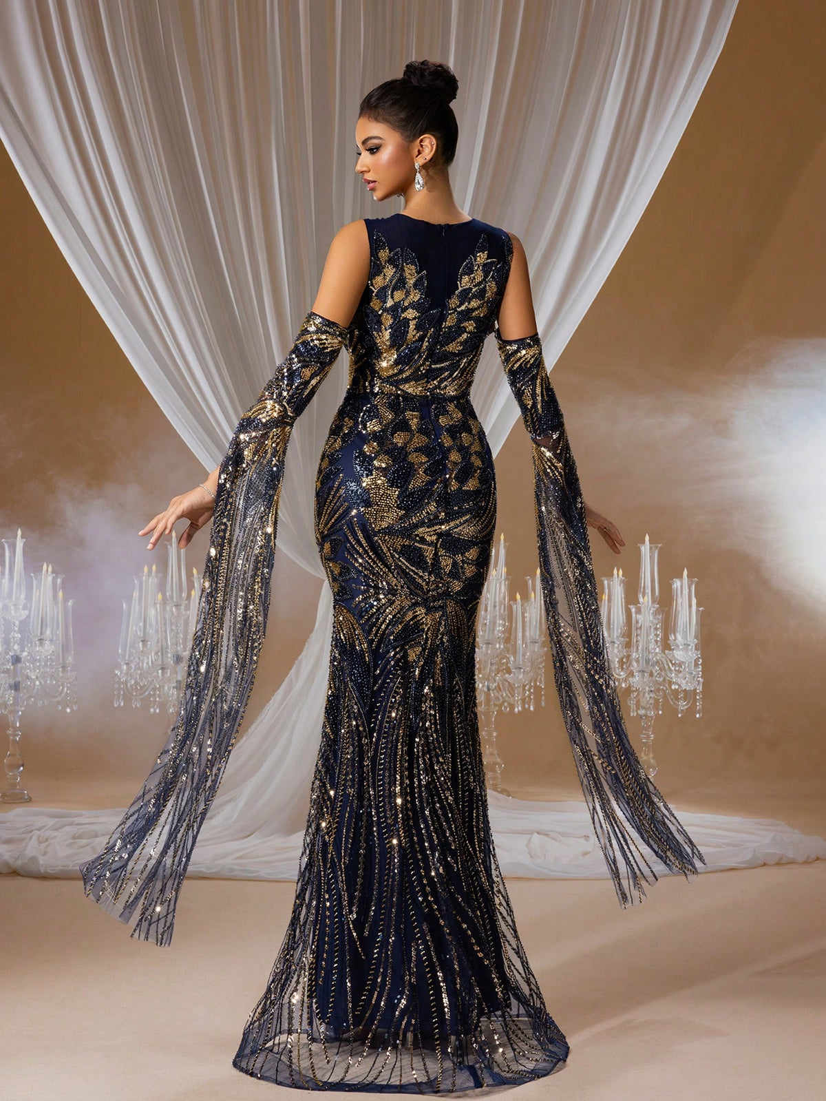 Sequin Embroidered Mermaid Evening Gown with Dramatic Flared Sleeves, Perfect for Special Occasions, Formal Events, Parties and Wedding Guests