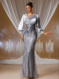 Silver Sequin One-Shoulder Lantern Sleeve Mermaid Evening Gown, Perfect for Formal Events, Parties and Wedding Guest Occasions