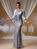 Silver Sequin One-Shoulder Lantern Sleeve Mermaid Evening Gown, Perfect for Formal Events, Parties and Wedding Guest Occasions