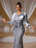 Silver Sequin One-Shoulder Lantern Sleeve Mermaid Evening Gown, Perfect for Formal Events, Parties and Wedding Guest Occasions