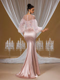 Soft Blush Moonlight Crystal Embroidered Evening Gown with Puffy Tulle Sleeves and Beaded Mermaid Train