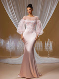 Soft Blush Moonlight Crystal Embroidered Evening Gown with Puffy Tulle Sleeves and Beaded Mermaid Train