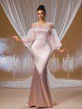 Soft Blush Moonlight Crystal Embroidered Evening Gown with Puffy Tulle Sleeves and Beaded Mermaid Train