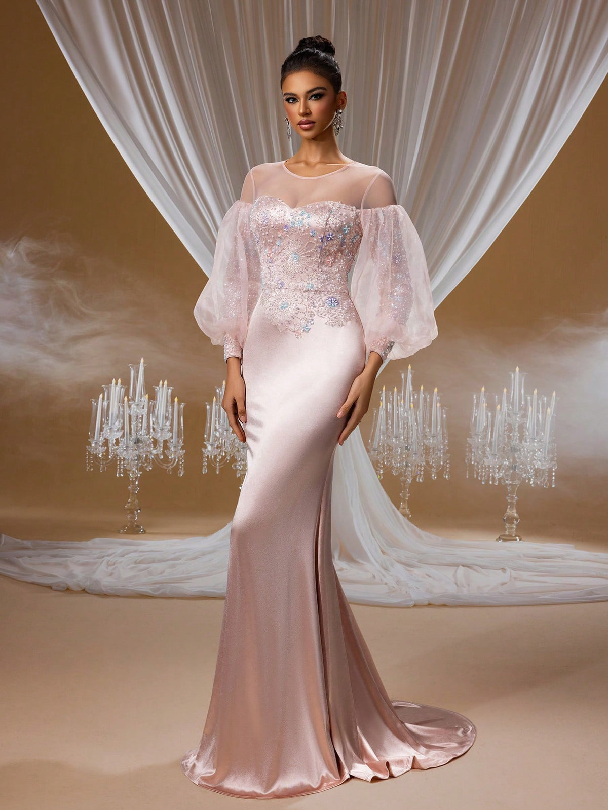 Soft Blush Moonlight Crystal Embroidered Evening Gown with Puffy Tulle Sleeves and Beaded Mermaid Train