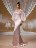 Soft Blush Moonlight Crystal Embroidered Evening Gown with Puffy Tulle Sleeves and Beaded Mermaid Train