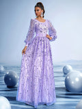 Royal Purple Evening Gown with Hand-Beaded Waist Detail and Statement Bell Sleeves