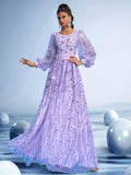 Royal Purple Evening Gown with Hand-Beaded Waist Detail and Statement Bell Sleeves