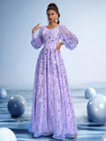 Royal Purple Evening Gown with Hand-Beaded Waist Detail and Statement Bell Sleeves