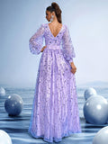 Royal Purple Evening Gown with Hand-Beaded Waist Detail and Statement Bell Sleeves