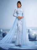 Sky Blue Crystal Embroidered Evening Gown with Sheer Cape and Flowing Sleeves