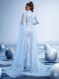 Sky Blue Crystal Embroidered Evening Gown with Sheer Cape and Flowing Sleeves