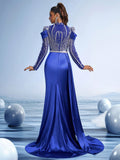 Sapphire Veil Crystal Embroidered Mermaid Evening Gown with Draped Cape and High Neck, Luxury Hand-Beaded Red Carpet Dress