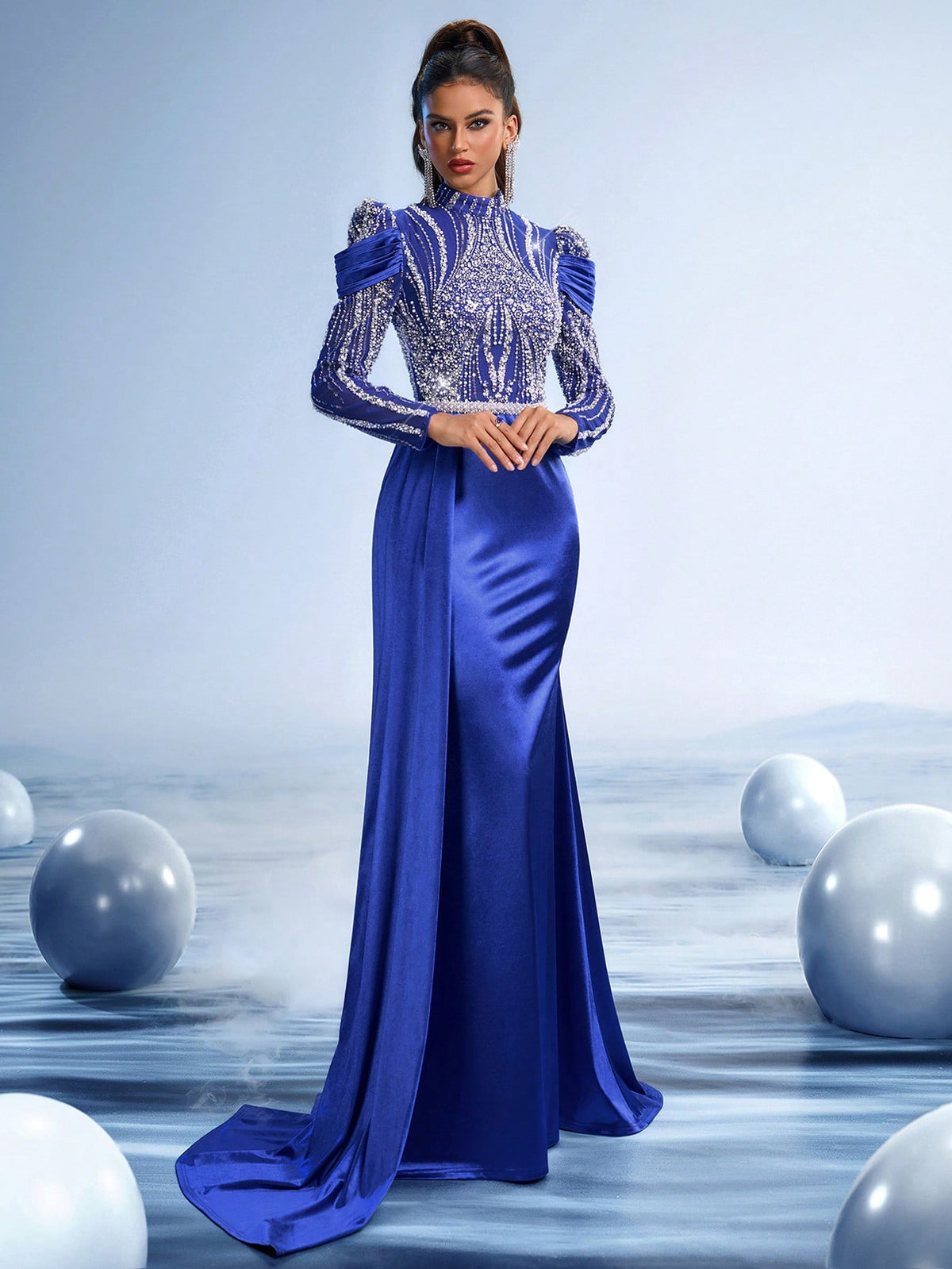 Sapphire Veil Crystal Embroidered Mermaid Evening Gown with Draped Cape and High Neck, Luxury Hand-Beaded Red Carpet Dress