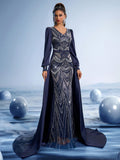 Midnight Evening Gown with Metallic Lace Embroidery and Sheer Open Back Design