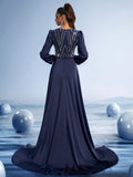 Midnight Evening Gown with Metallic Lace Embroidery and Sheer Open Back Design
