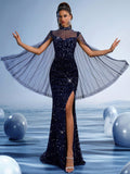Sparkling Sequin Starry Night Evening Gown with High Neck Illusion Mesh Shoulders and High Slit, Slim Fit Formal Dress