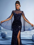 Sparkling Sequin Starry Night Evening Gown with High Neck Illusion Mesh Shoulders and High Slit, Slim Fit Formal Dress