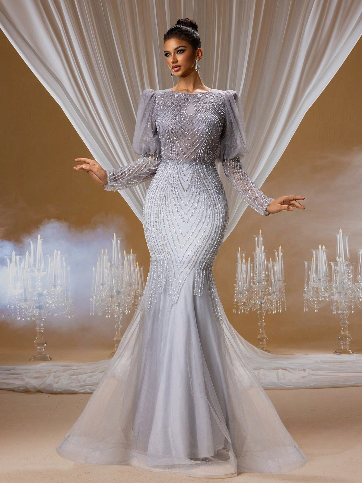 Luxury Hand-Beaded Mermaid Evening Gown with Puff Long Sleeves and Open Back Design, Elegant Formal Dress