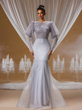 Luxury Hand-Beaded Mermaid Evening Gown with Puff Long Sleeves and Open Back Design, Elegant Formal Dress