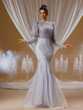 Luxury Hand-Beaded Mermaid Evening Gown with Puff Long Sleeves and Open Back Design, Elegant Formal Dress