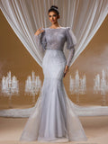 Luxury Hand-Beaded Mermaid Evening Gown with Puff Long Sleeves and Open Back Design, Elegant Formal Dress