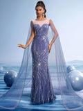 Stunning Navy Blue Embroidered Evening Gown with Sequin Details and Flowing Cape Shawl