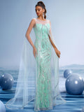 Athena-Inspired Mint Green Sequin Embroidered Evening Dress with Sheer Tulle Sleeves