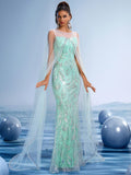 Athena-Inspired Mint Green Sequin Embroidered Evening Dress with Sheer Tulle Sleeves