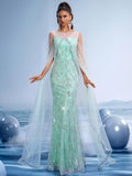 Athena-Inspired Mint Green Sequin Embroidered Evening Dress with Sheer Tulle Sleeves