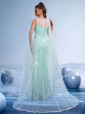 Athena-Inspired Mint Green Sequin Embroidered Evening Dress with Sheer Tulle Sleeves