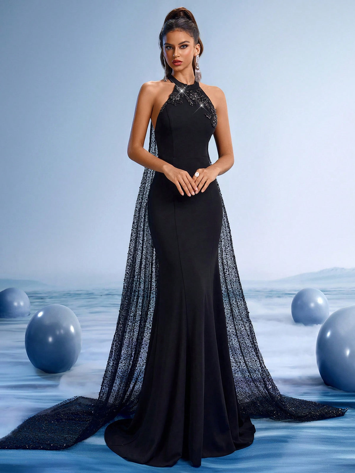 Luxury Black Beaded Sequin Embroidered Mermaid Evening Dress