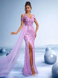 Luxury Lavender Tulle Sequin Evening Dress