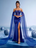 Royal Blue Evening Gown with Sheer Cape and High Slit, Elegant Off-Shoulder Ball Gown and Embroidered Formal Dress