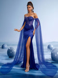 Royal Blue Evening Gown with Sheer Cape and High Slit, Elegant Off-Shoulder Ball Gown and Embroidered Formal Dress