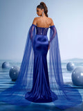 Royal Blue Evening Gown with Sheer Cape and High Slit, Elegant Off-Shoulder Ball Gown and Embroidered Formal Dress