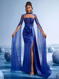 Royal Blue Embellished Ball Gown with Sheer Sleeves and High Slit, Elegant Satin Evening Dress with Train for Formal Parties
