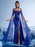 Royal Blue Embellished Ball Gown with Sheer Sleeves and High Slit, Elegant Satin Evening Dress with Train for Formal Parties