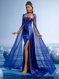 Royal Blue Embellished Ball Gown with Sheer Sleeves and High Slit, Elegant Satin Evening Dress with Train for Formal Parties