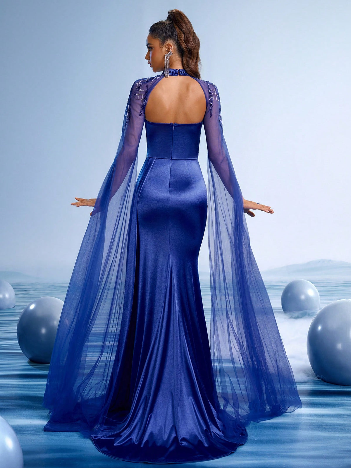 Royal Blue Embellished Ball Gown with Sheer Sleeves and High Slit, Elegant Satin Evening Dress with Train for Formal Parties