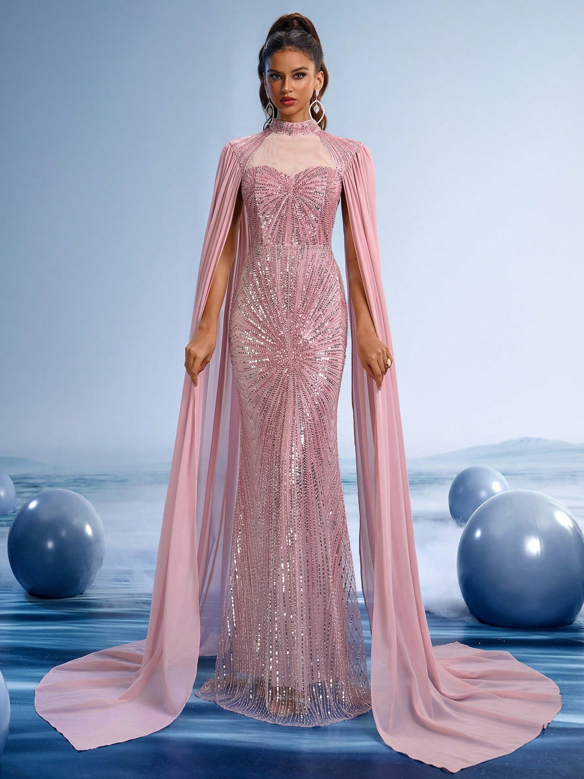 Luxury Blush Rose Sequin Mermaid Evening Gown