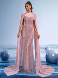 Luxury Blush Rose Sequin Mermaid Evening Gown