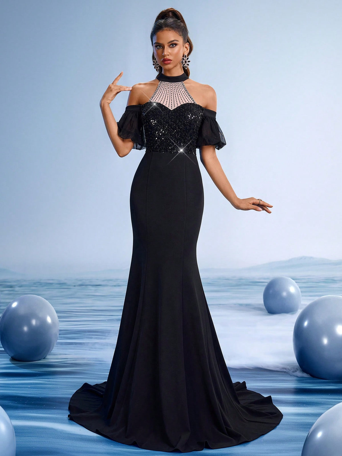 Elegant Black Sequin Mermaid Evening Dress, Luxury Off-Shoulder Wedding Guest Gown