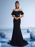 Elegant Black Sequin Mermaid Evening Dress, Luxury Off-Shoulder Wedding Guest Gown