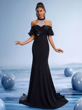 Elegant Black Sequin Mermaid Evening Dress, Luxury Off-Shoulder Wedding Guest Gown